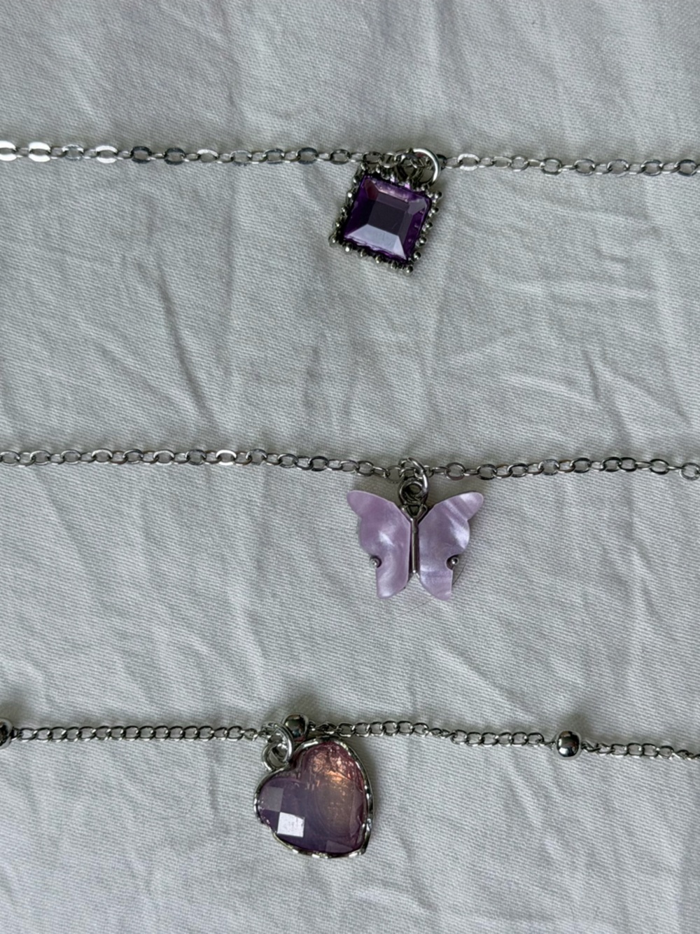 Brand New Y2K Silver Purple Fairycore Butterfly Heart Charm Pendant Necklace Set